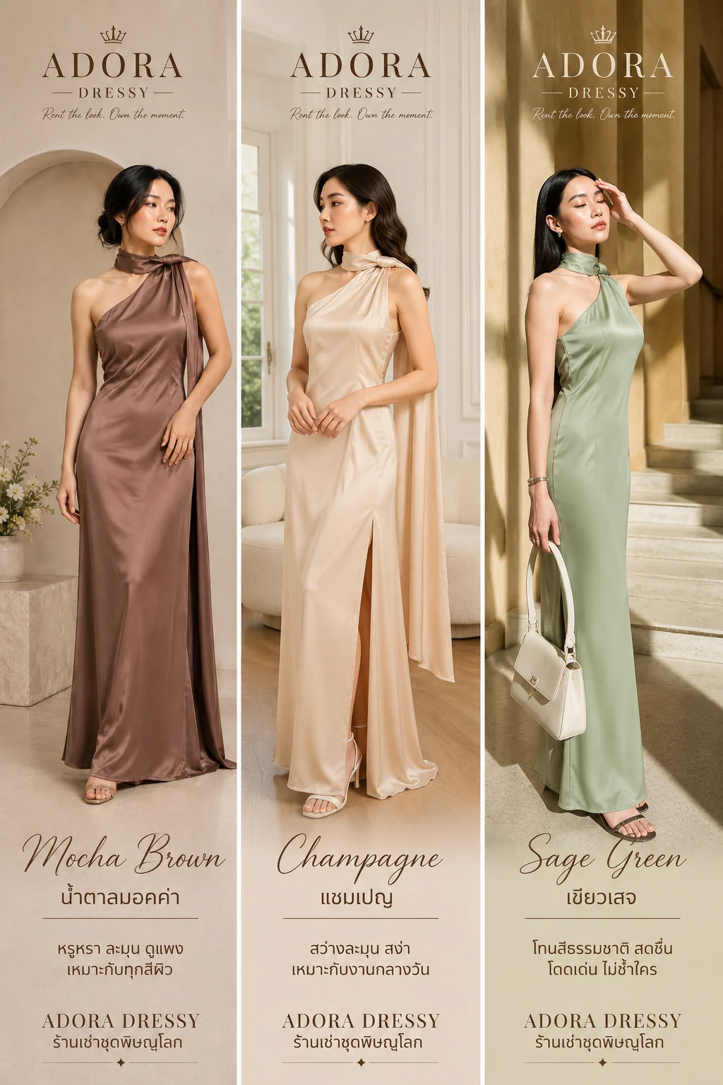 ชุดเพื่อนเจ้าสาว Adora Dressy โทนน้ำตาลมอคค่า แชมเปญ และเขียวเสจ