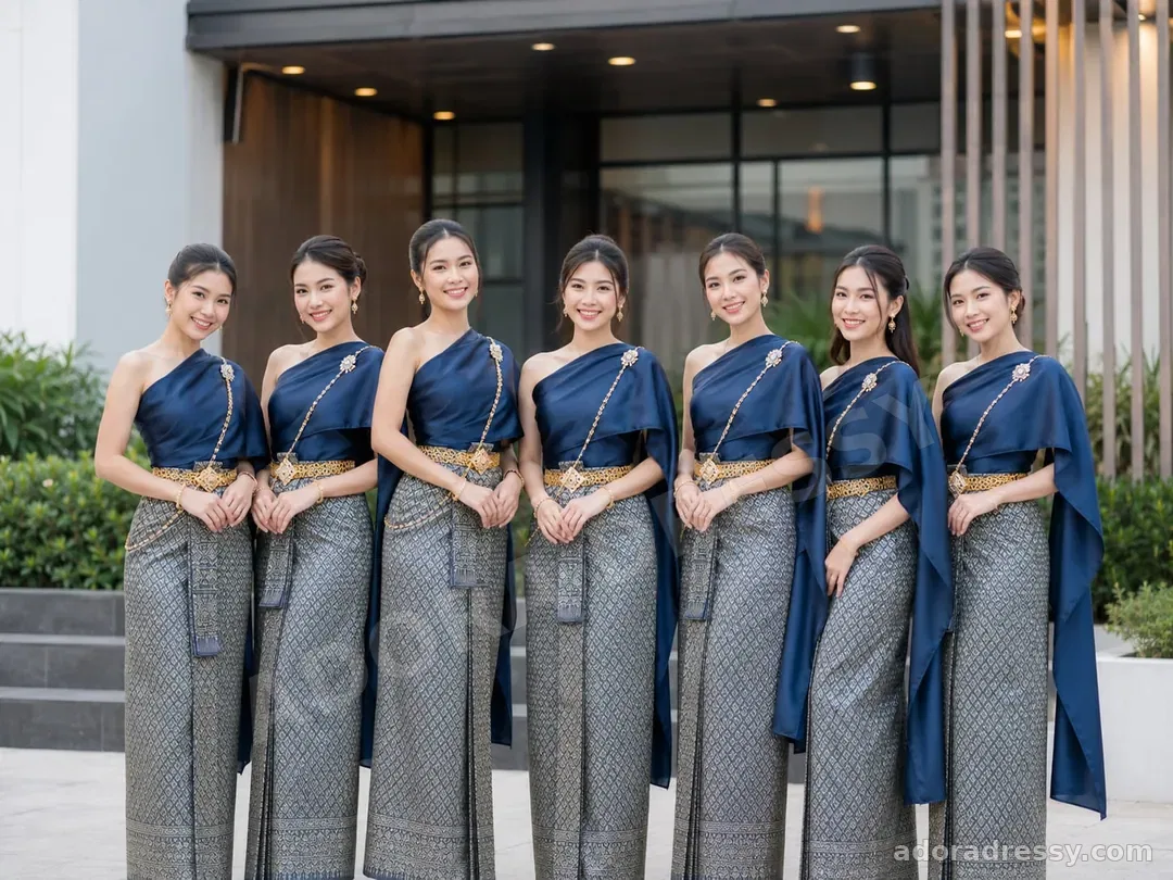 ชุดไทยเพื่อนเจ้าสาวโทนน้ำเงินสำหรับงานพิธี