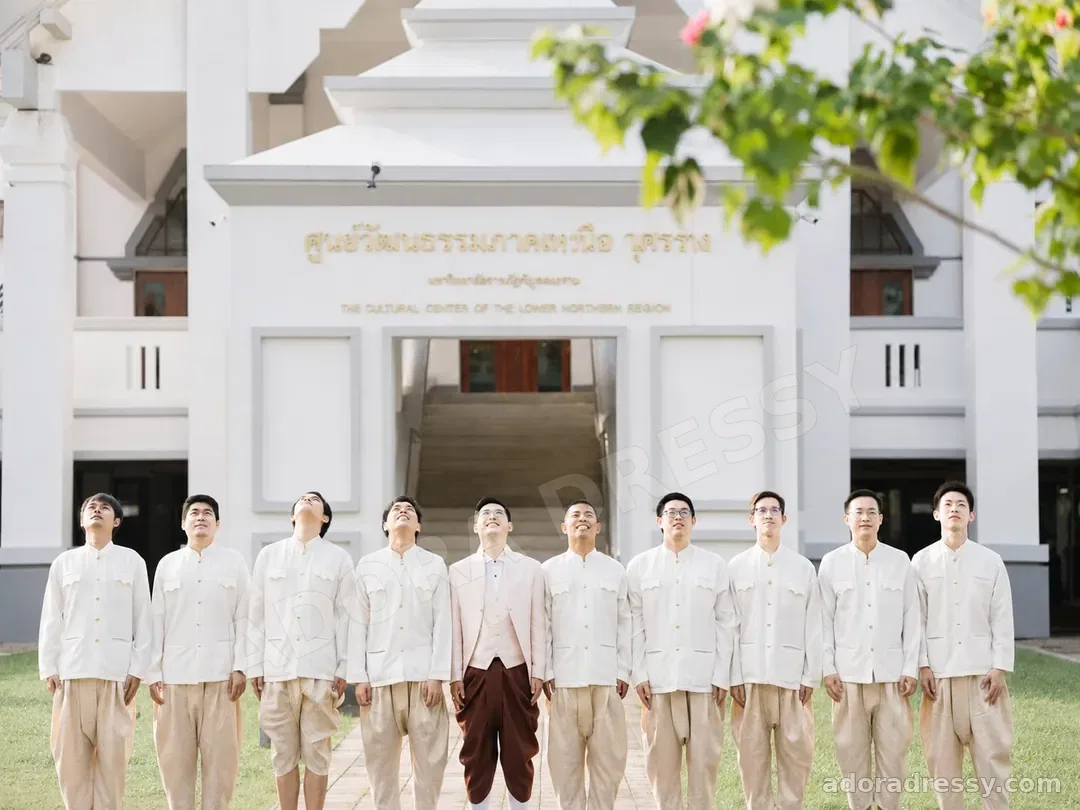 ชุดไทยผู้ชายและชุดเจ้าบ่าวโทนครีมสำหรับงานพิธี
