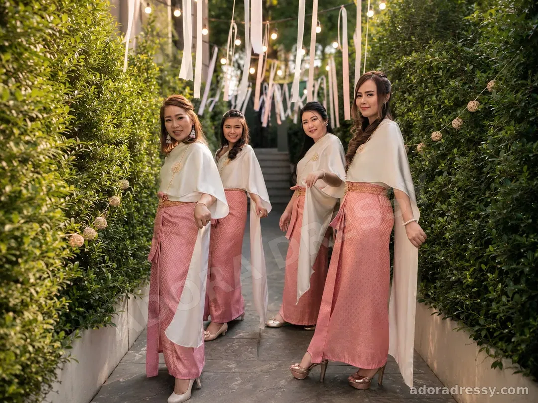 ชุดไทยโทนชมพูพร้อมสไบสีอ่อนสำหรับเพื่อนเจ้าสาว