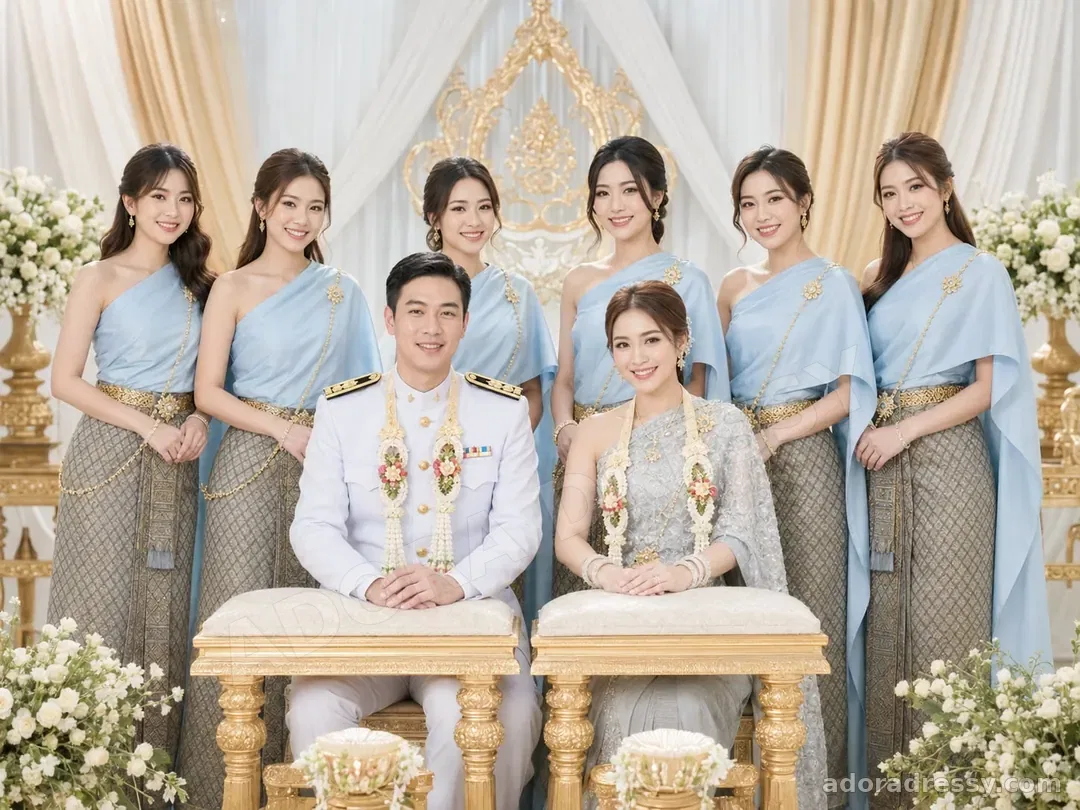 ชุดไทยเพื่อนเจ้าสาวโทนฟ้าในงานแต่งแบบพิธีการ