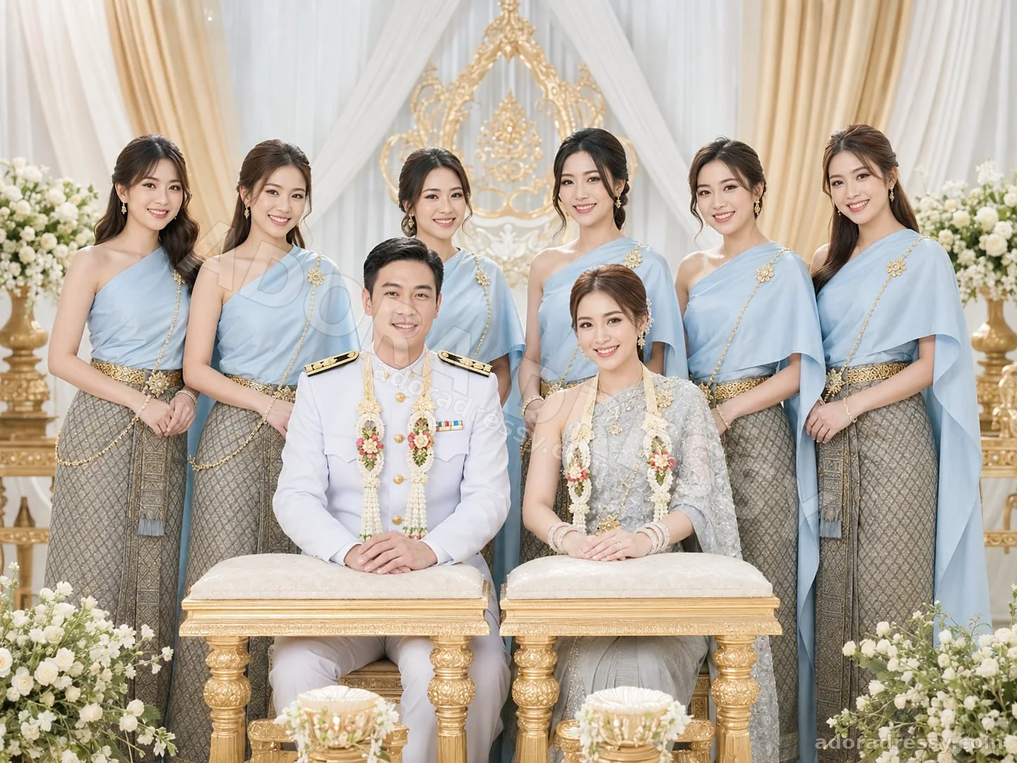 ชุดไทยเพื่อนเจ้าสาวโทนฟ้าในงานแต่งแบบพิธีการ