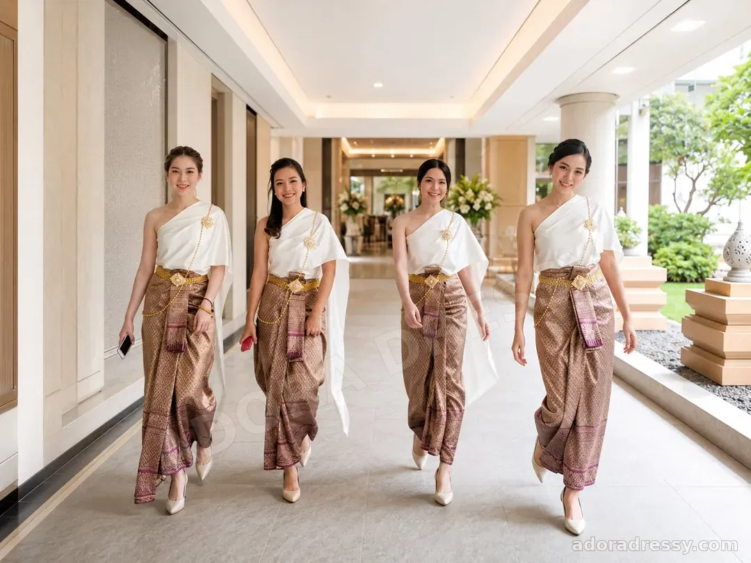 ชุดไทยโทนขาวและผ้าไทยสีน้ำตาลสำหรับงานพิธี