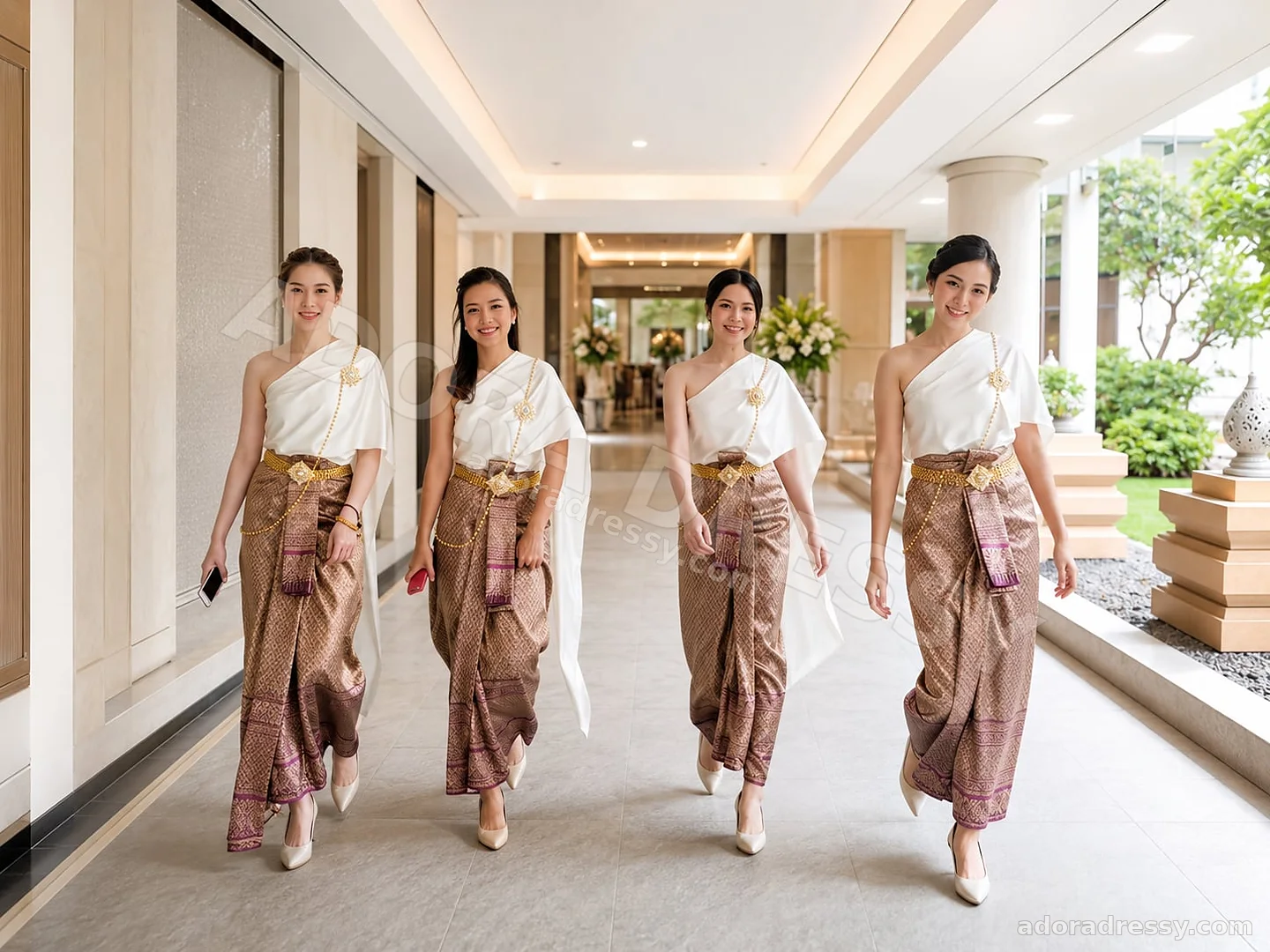 ชุดไทยโทนขาวและผ้าไทยสีน้ำตาลสำหรับงานพิธี
